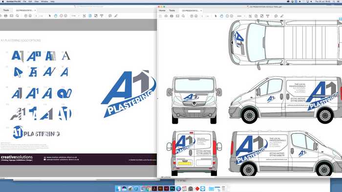 Above: The various logo designs initially proposed by the Creative Design Studio (left) and the vehicle graphics visual before going to production (right) A1 Plastering Graphic Design and Logo Design