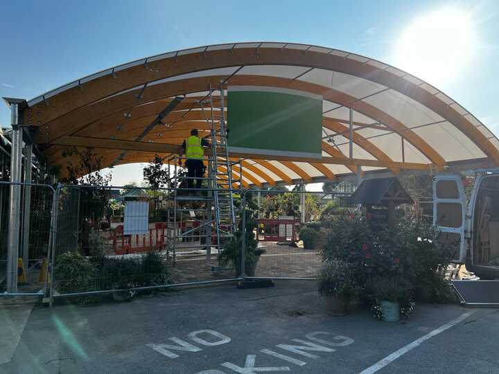 New curved fascia panel sign for Groves Nurseries taking shape