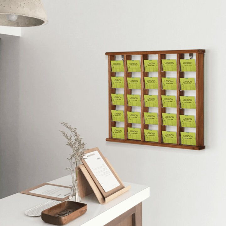 Display cards or leaflets with a wooden wall mounted leaflet rack.png