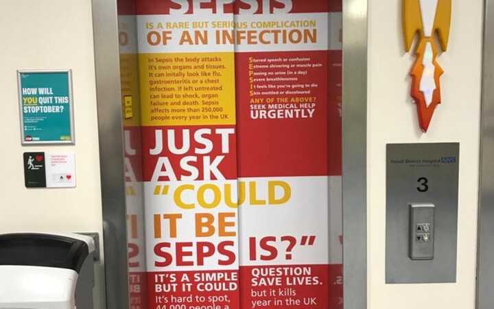 Custom Printed Elevator Door Wrap for Yeovil District Hospital Sepsis Awareness Campaign 2018