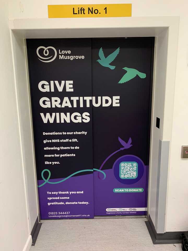 Custom Printed Lift Wrap Installation for Love Musgrove at Musgrove Park Hospital