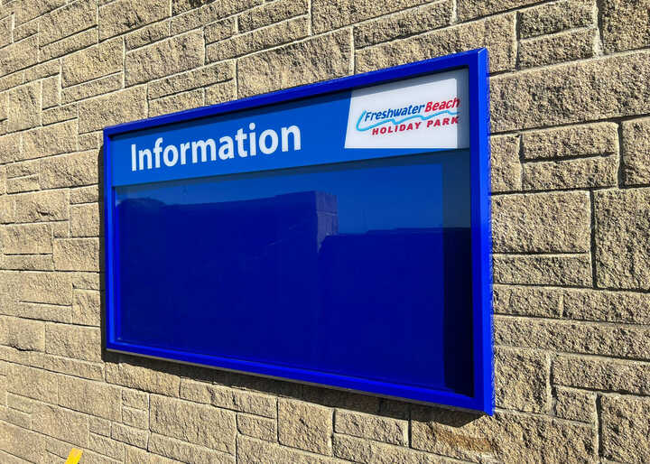 Custom Powder Coated & Printed Wall Mounted External Noticeboard for Freshwater Beach Holiday Park