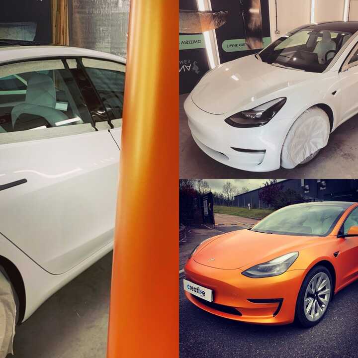 Full Satin Finish Orange Colour Change Wrap on Tesla