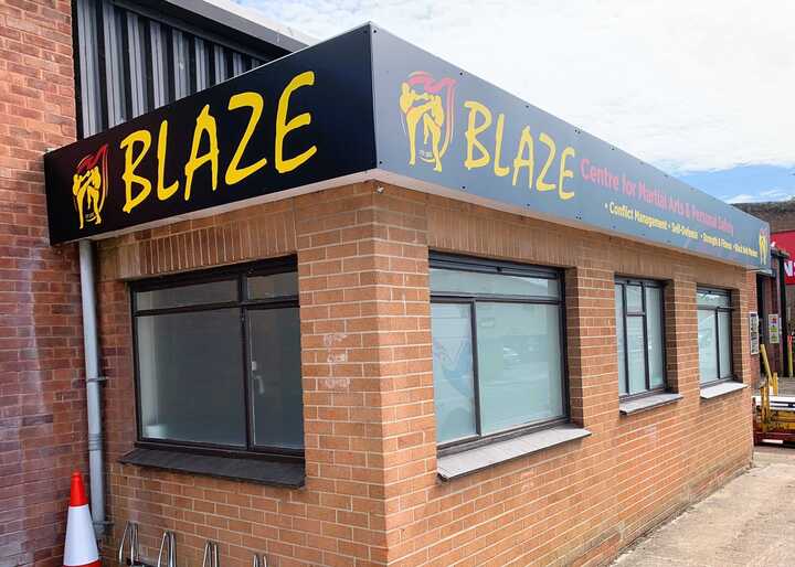 Custom ACM Panel Signage For Building Extension Area - Full External ACM Fascia Signage and Window Frosting for BLAZE Martial Arts & Personal Safety