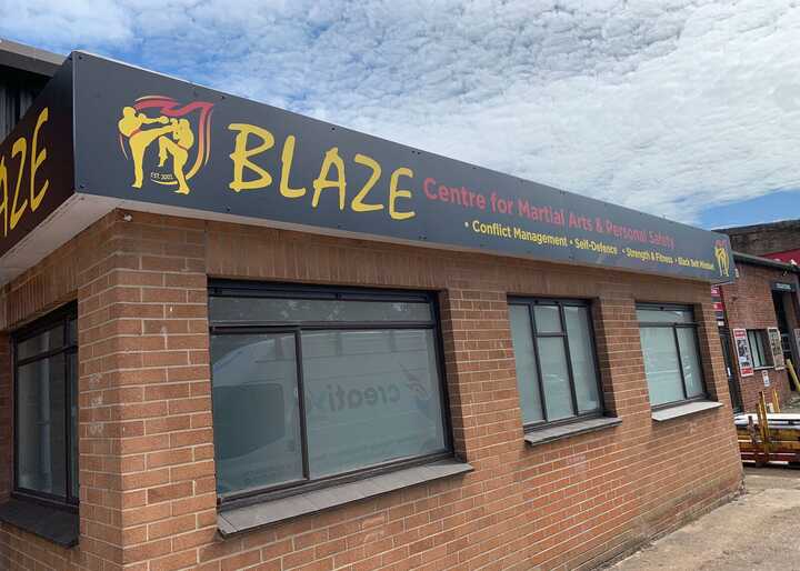 Custom ACM Panel Signage For Building Extension Area - Full External ACM Fascia Signage and Window Frosting for BLAZE Martial Arts & Personal Safety