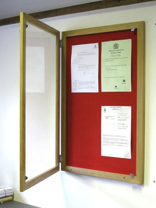 Lockable Wooden Framed Premium Felt Noticeboard - CHERRY RED - IN SITU.jpg