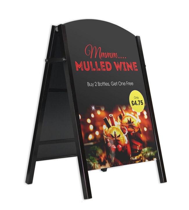 Premier A-Board Satin Black frame with HPL chalkboard panels showing mulled wine artwork.jpg