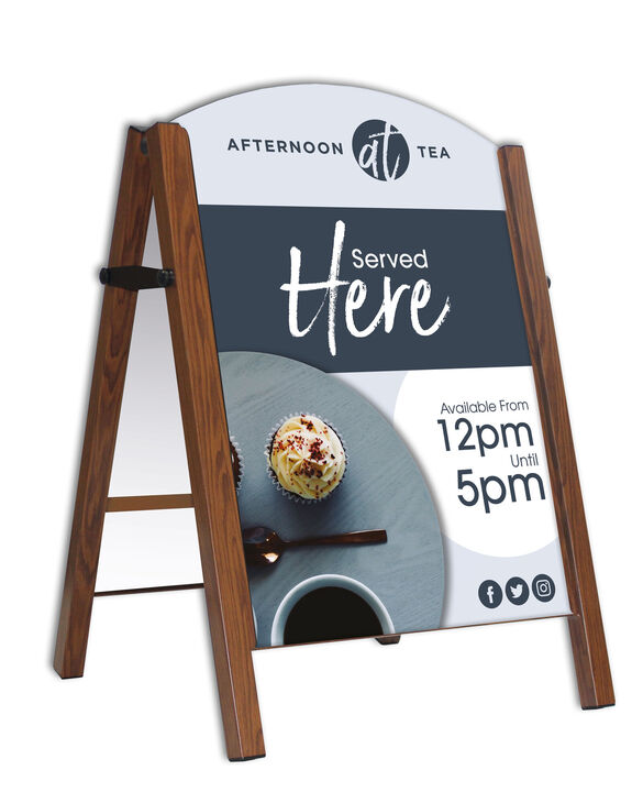 Premier A-Board Wood Effect frame with Foam PVC panels showing afternoon tea artwork.jpg