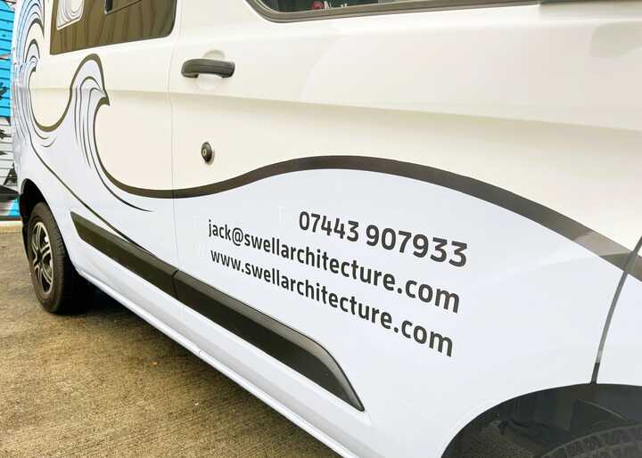 Swell Architecture's Ford Transit Custom Printed Half Wrap Wave Design and Business Information Vehicle Graphics Close Up