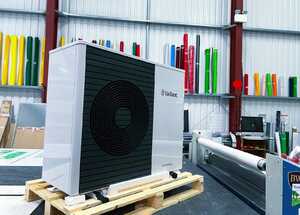 White Vaillant aroTHERM Plus Air Source Heat Pump ready for vinyl wrapping!