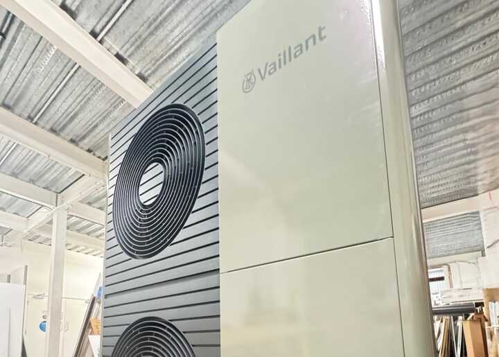 Vaillant aroTHERM Plus Double Fan Air Source Heat Pump - Custom Printed Cement Grey Satin Vinyl Wrap