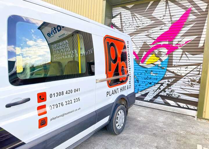 A mix of cut vinyl and custom printed vehicle graphics for PB Plant Hire's Ford Van